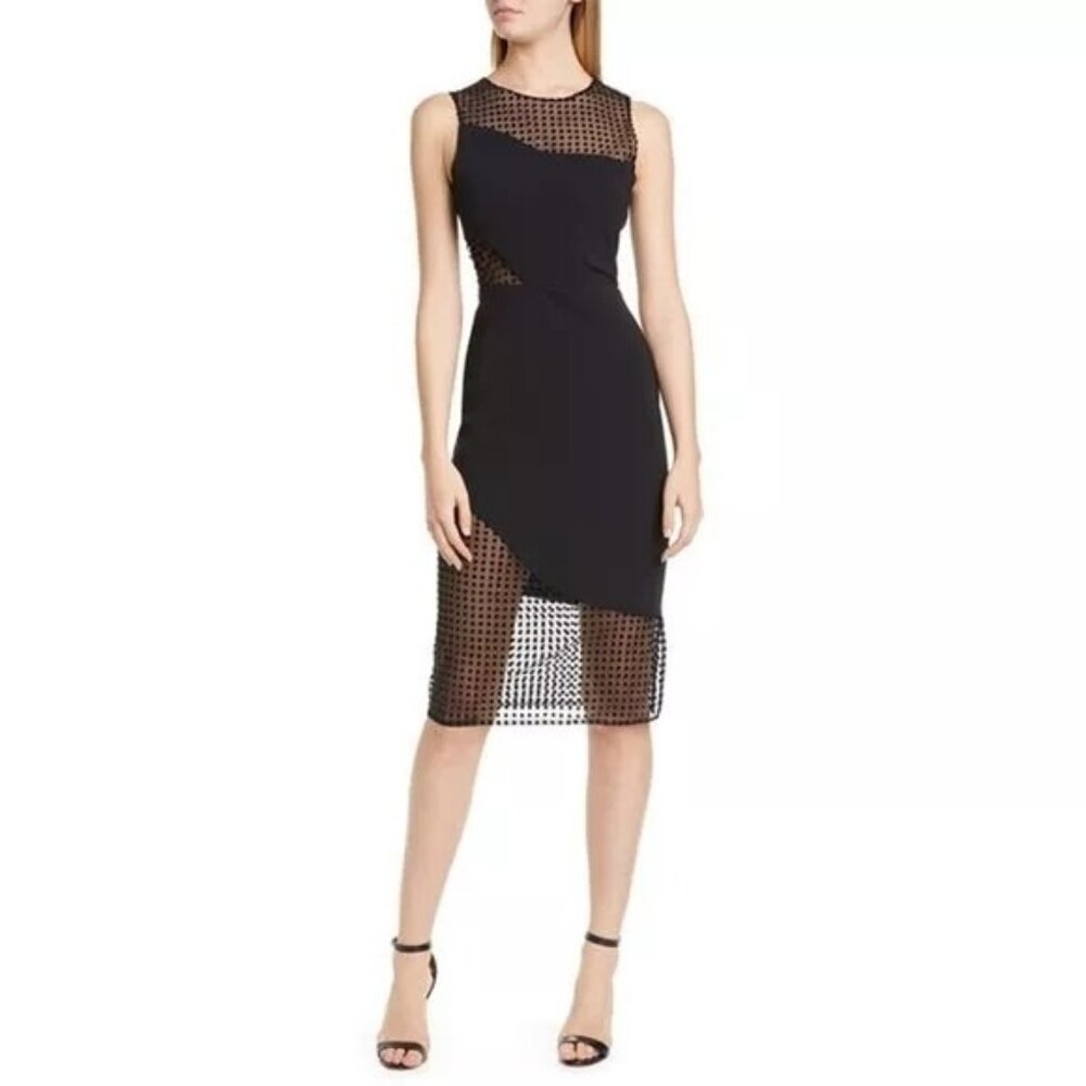 Black Sheer Panel Midi Dress - Women's Elegant Evening Dress